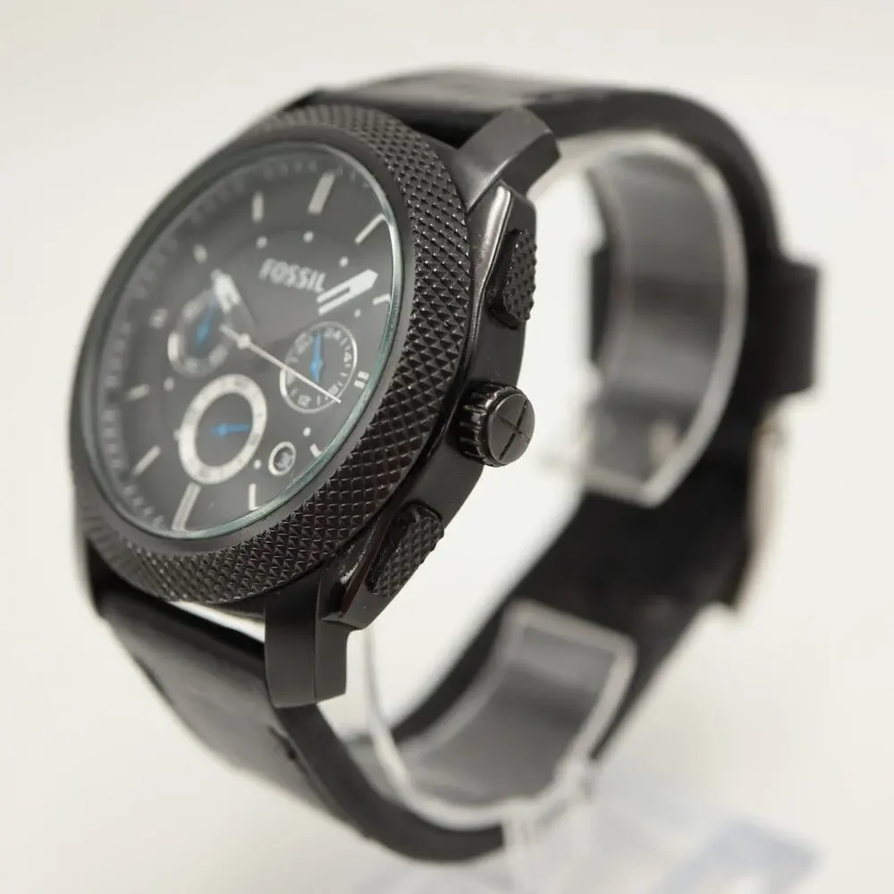 Fossil Machine Chronograph Mens Black 45mm Watch Leather FS4487 w New Battery